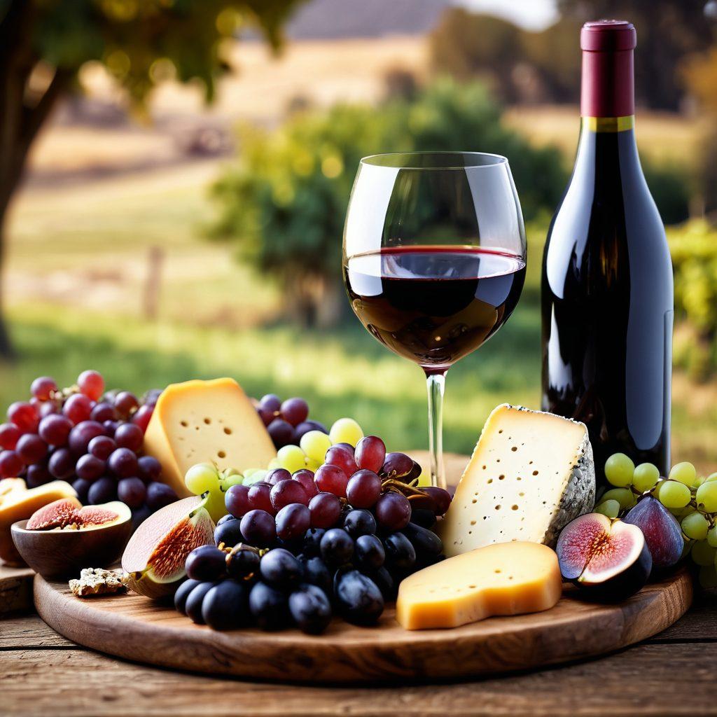 An elegant wine glass filled with a rich red wine, surrounded by a gourmet cheese platter featuring various textures and colors. Include fresh fruits like grapes and figs that complement the wine, all set on a rustic wooden table with soft, warm lighting. A blurred vineyard in the background to enhance the wine theme. artistic rendering. warm colors. depth of field.