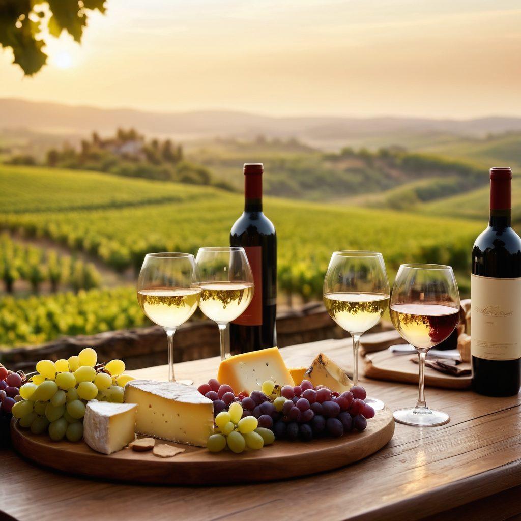 A beautifully arranged table set for a wine tasting, featuring an array of wine glasses, elegant bottles of red and white wine, vibrant grapes, and delicious cheese pairings. Soft candlelight adds a warm glow, while a backdrop of lush vineyards subtly hints at the source of the wine. Joyful people are clinking their glasses in a celebration, showcasing camaraderie and delight. This scene captures the essence of indulgence and festive cheer. super-realistic. warm tones. soft focus.